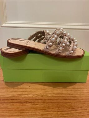 Sam Edelman Pearl-Embellished Beige Slide Sandals
